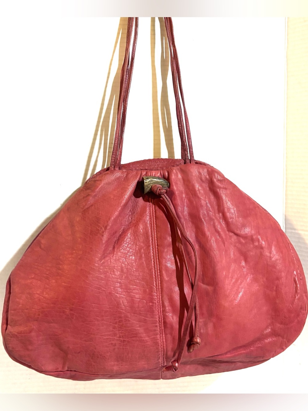Vintage Red Leather Drawstring Shoulder Bag